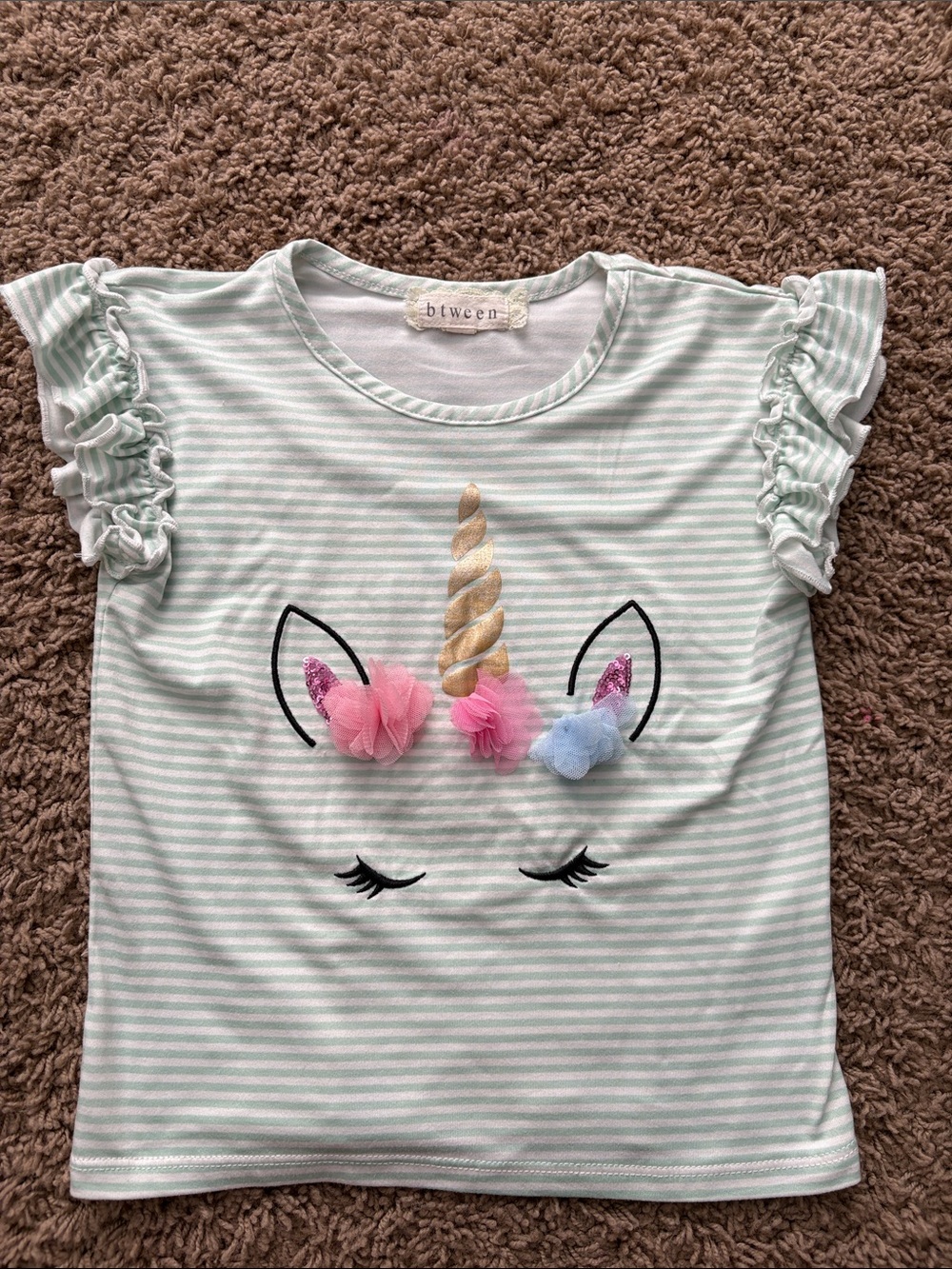 btween Mint & White Striped Unicorn Ruffle Sleeve Tee